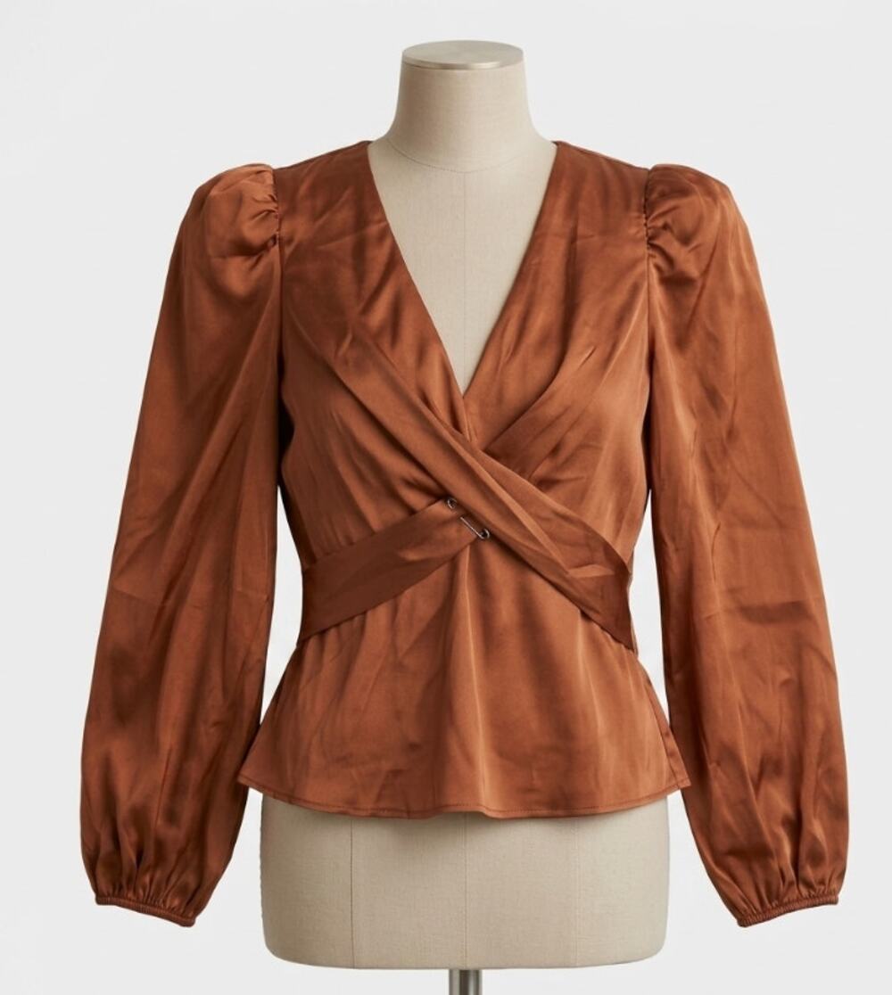 Astr The Label Amber Satin Cross Over Blouse Womens Medium Puff Sleeve
